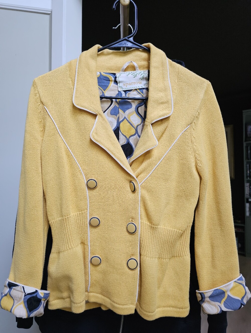 SPARROW x Anthropologie S Mustard Yellow Knit Blazer Style Sweater w White Trim - Picture 2 of 5